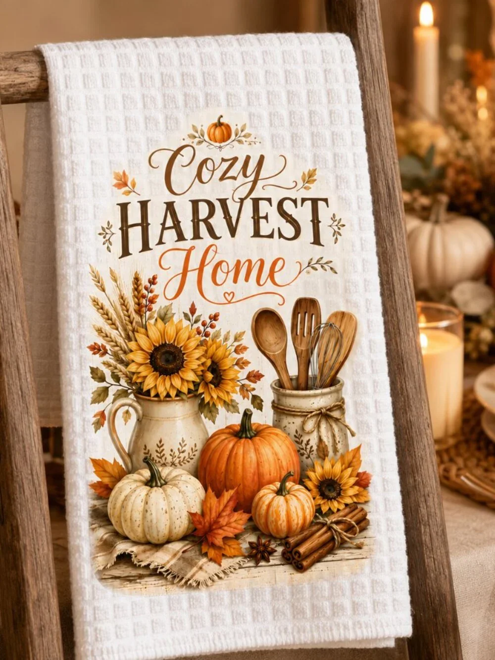 Cozy Harvest Home Kitchen Towel, Fall Pumpkin Dish Towel